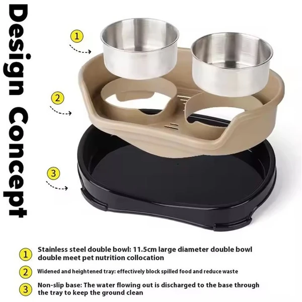 Stainless Steel Pet Double Bowl Food & Water Feeder for Cats and Dogs (Grey/Black)