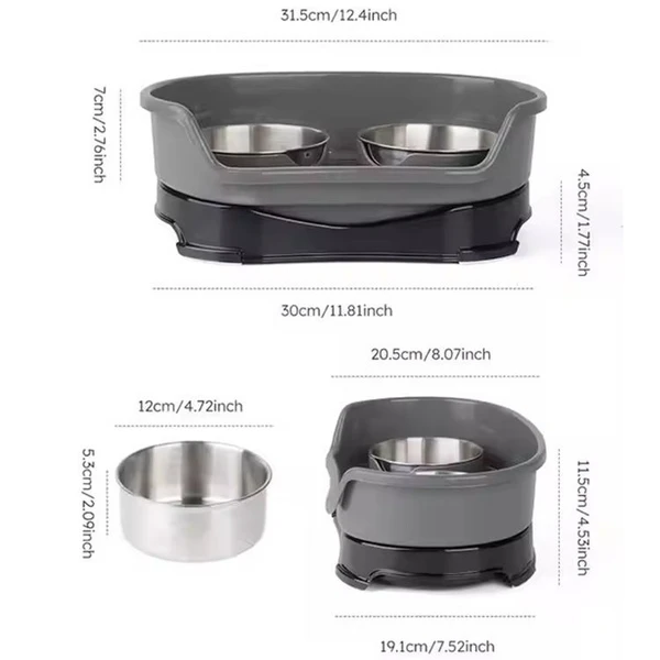 Stainless Steel Pet Double Bowl Food & Water Feeder for Cats and Dogs (Grey/Black)