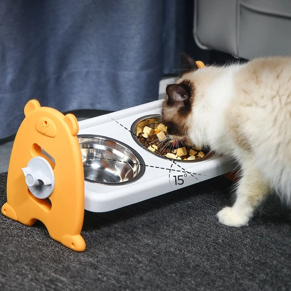 3 Adjustable Heights Stand with Double Stainless Steel Food and Water Bowls 