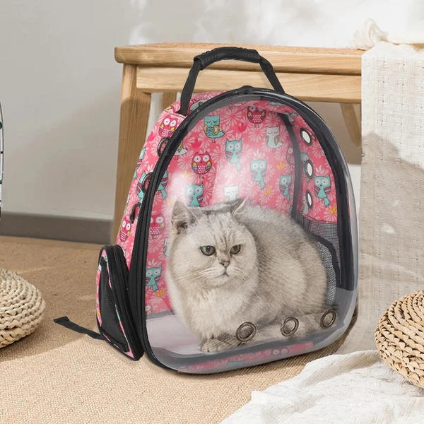 Transparent Pet Backpack with Various Patterns– Breathable Double Shoulder Bag for Cats & Small Dogs (Pink)