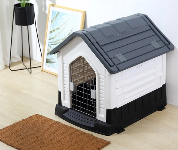 Breathable Detachable Outdoor Plastic Dog House with Elevated Floor & Metal Door for Medium Dogs