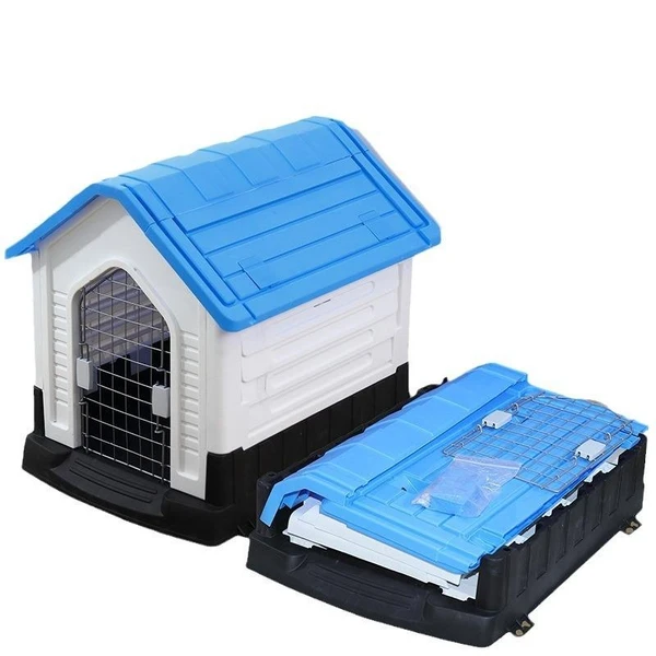 Breathable Detachable Outdoor Plastic Dog House with Elevated Floor & Metal Door for Medium Dogs