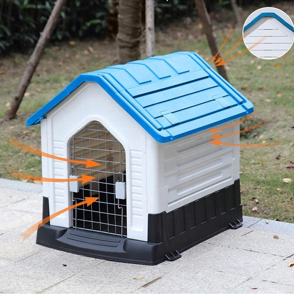 Breathable Detachable Outdoor Plastic Dog House with Elevated Floor & Metal Door for Medium Dogs
