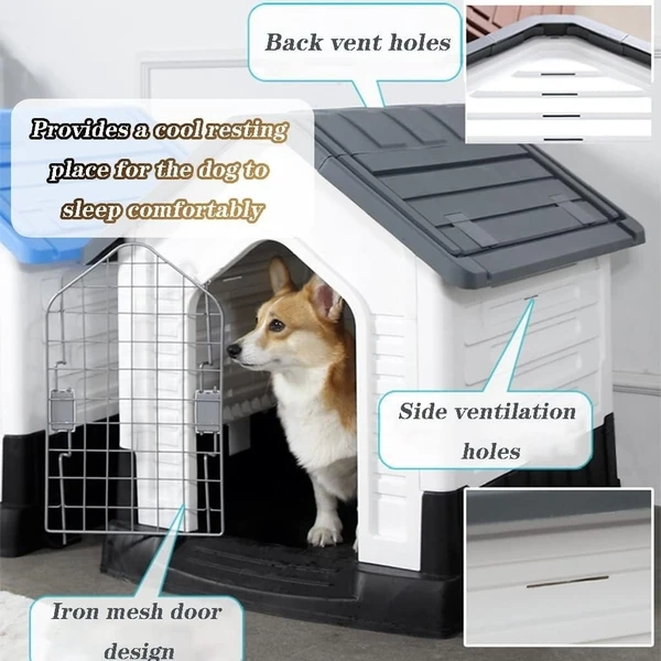 Breathable Detachable Outdoor Plastic Dog House with Elevated Floor & Metal Door for Medium Dogs