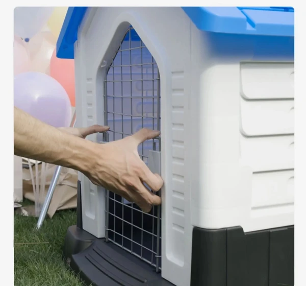 Breathable Detachable Outdoor Plastic Dog House with Elevated Floor & Metal Door for Medium Dogs