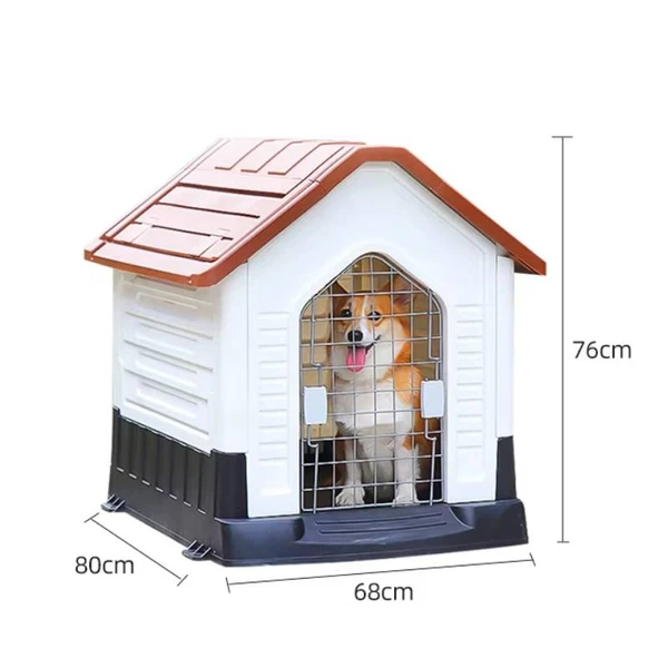 Breathable Detachable Outdoor Plastic Dog House with Elevated Floor & Metal Door for Medium Dogs