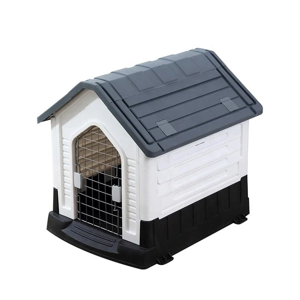 Breathable Detachable Outdoor Plastic Dog House with Elevated Floor & Metal Door for Medium Dogs