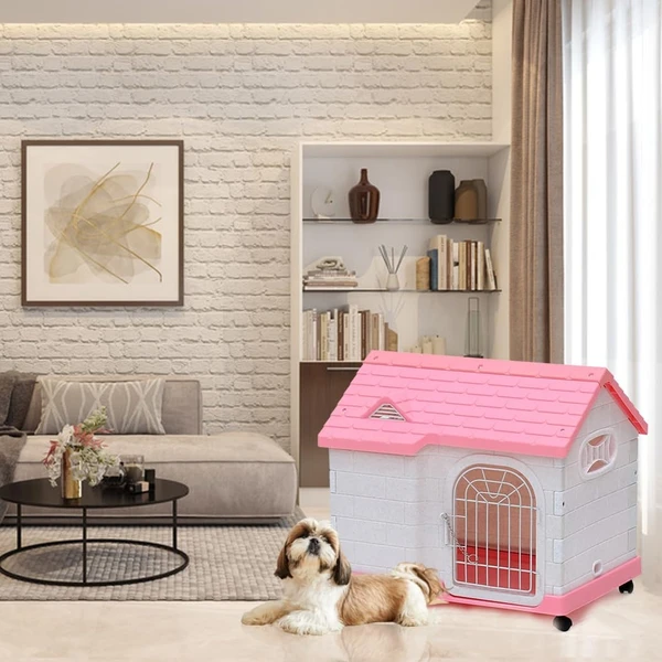 Indoor/Outdoor Plastic Dog House with Wheels – Breathable & Lockable Metal Door for Small Dogs 