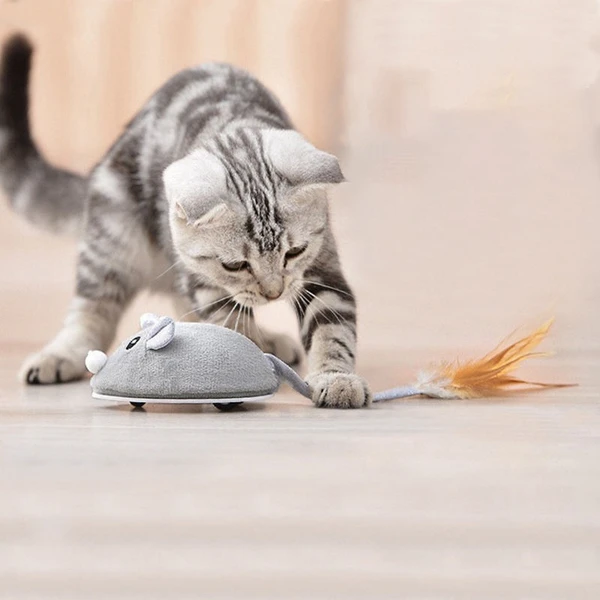 Interactive Rechargeable Electric Plush Mouse with Feather Cat Toy 