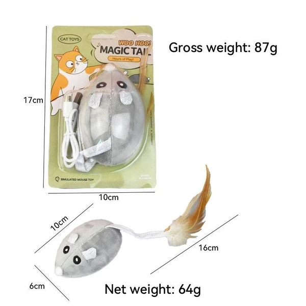 Interactive Rechargeable Electric Plush Mouse with Feather Cat Toy 