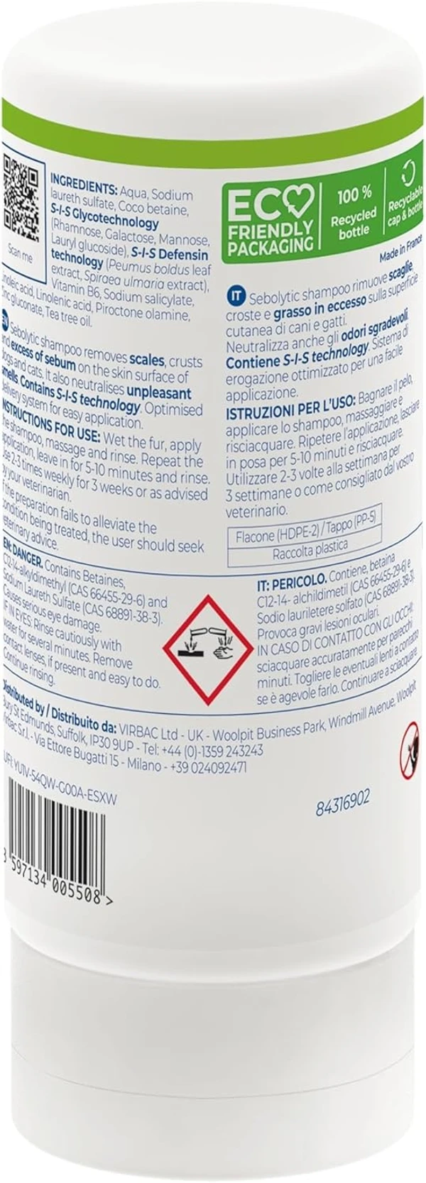 Virbac Sebolytic K Dermatological Shampoo for Greasy, Scaly & Smelly Skin Treatment for Dogs and Cats 250 mL 