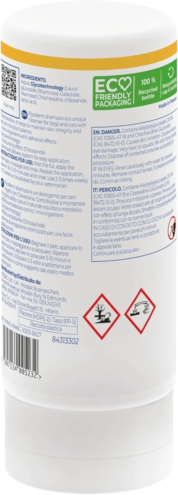 Virbac Pyoderm Chlorhexidine Shampoo for Dogs & Cats – Antibacterial Skin Treatment for Infections, Itching & Dermatitis (250ml)