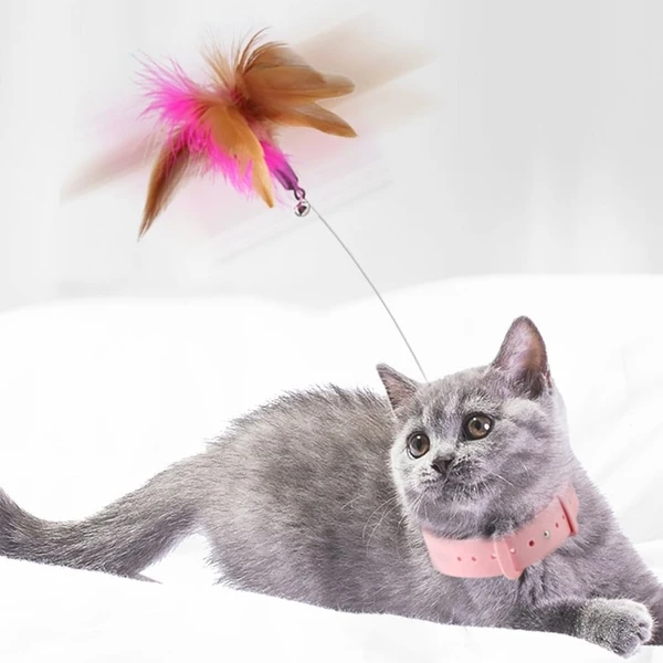 Interactive Adjustable Silicone Cat Collar with Wire, Feather & Bell Self Play Cat Toy 