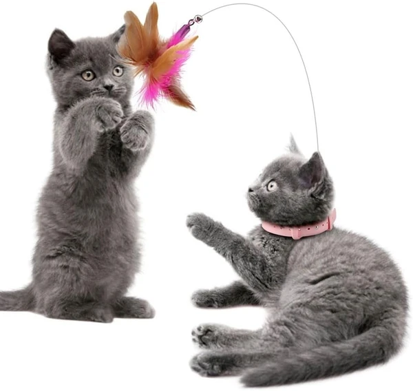 Interactive Adjustable Silicone Cat Collar with Wire, Feather & Bell Self Play Cat Toy 