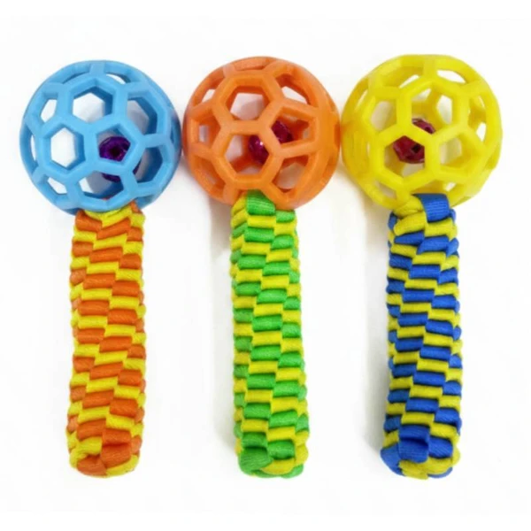 Interactive Dog Tug Toy – Lattice Rubber Ball with Bell & Colorful Nylon Braided Handle