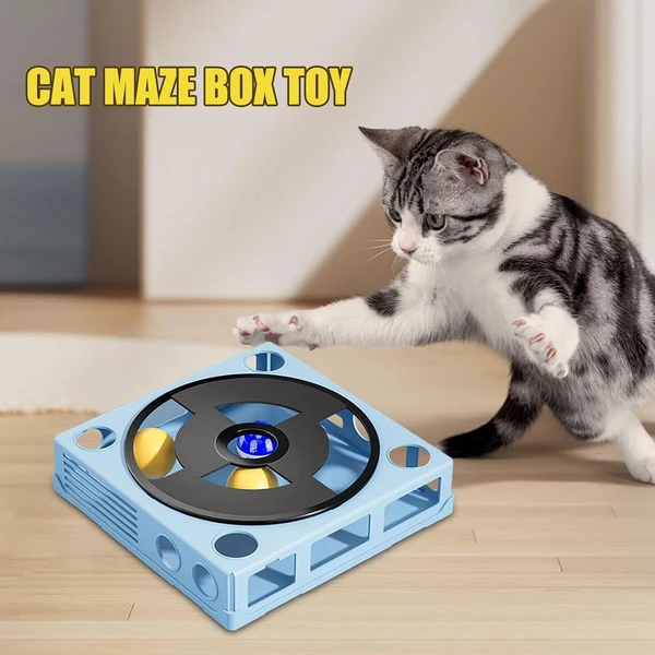 Interactive Cat Puzzle Toy – Plastic Square Maze Box Phonograph Design with 4 Balls for Indoor Cats (Blue)