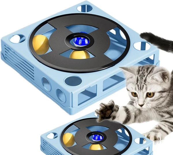 Interactive Cat Puzzle Toy – Plastic Square Maze Box Phonograph Design with 4 Balls for Indoor Cats (Blue)
