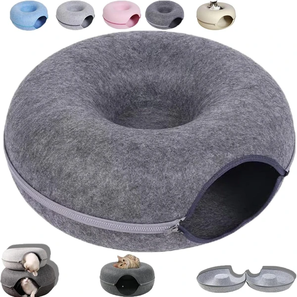 All-Season Cat Donut Tunnel Round Enclosed Solid Bed with Felt Material for Indoor Cats
