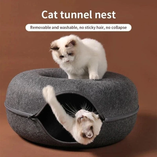 All-Season Cat Donut Tunnel Round Enclosed Solid Bed with Felt Material for Indoor Cats