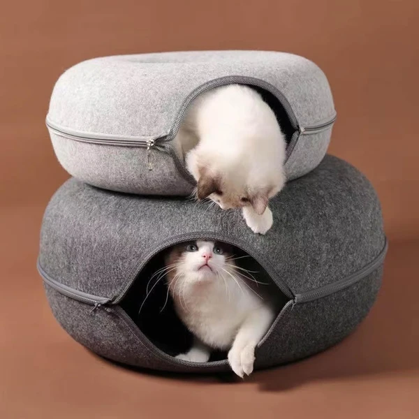 All-Season Cat Donut Tunnel Round Enclosed Solid Bed with Felt Material for Indoor Cats