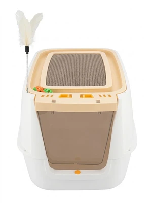 Extra Large Enclosed Cat Litter Box with Scoop Includes Integrated Scratch Plate & Interactive Toys