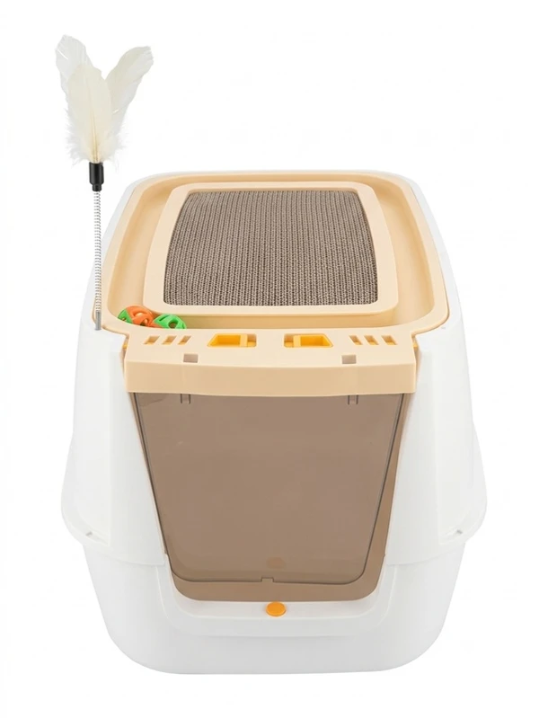 Extra Large Enclosed Cat Litter Box with Scoop Includes Integrated Scratch Plate & Interactive Toys