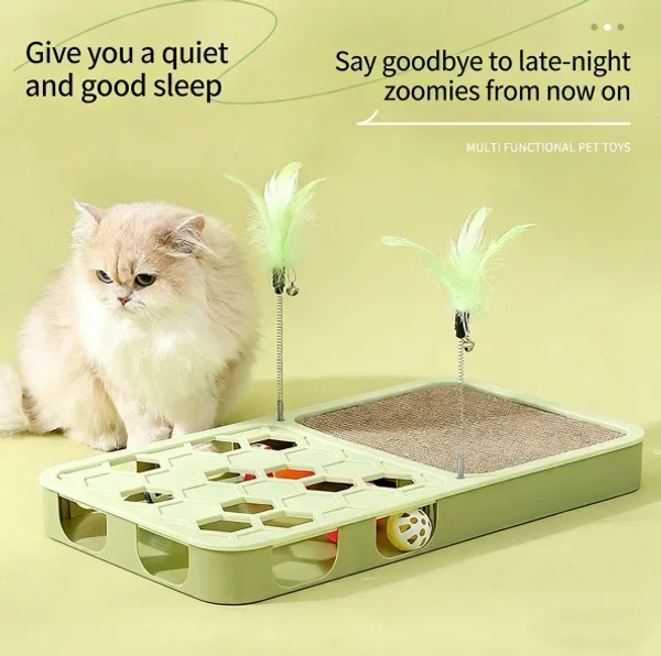 Interactive Cat Puzzle Toy – Plastic Rectangular Maze Box with Scratching Board, Six Balls with Bell and Tow Feather Teasers
