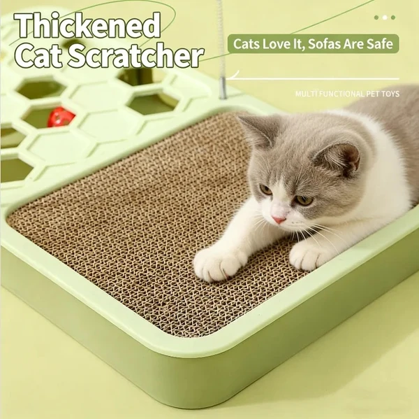 Interactive Cat Puzzle Toy – Plastic Rectangular Maze Box with Scratching Board, Six Balls with Bell and Tow Feather Teasers