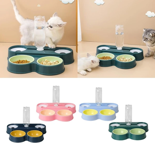 4-in-1 Plastic Pet Food and Water Dispenser – Double Feeding Bowls & Drinking Bowls with Automatic Water Bottle (500ml) for Multi Pets