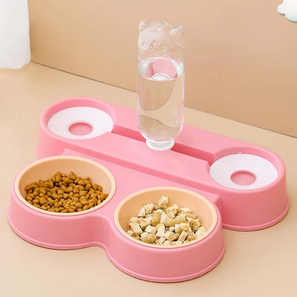 4-in-1 Plastic Pet Food and Water Dispenser – Double Feeding Bowls & Drinking Bowls with Automatic Water Bottle (500ml) for Multi Pets