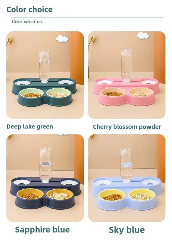 4-in-1 Plastic Pet Food and Water Dispenser – Double Feeding Bowls & Drinking Bowls with Automatic Water Bottle (500ml) for Multi Pets