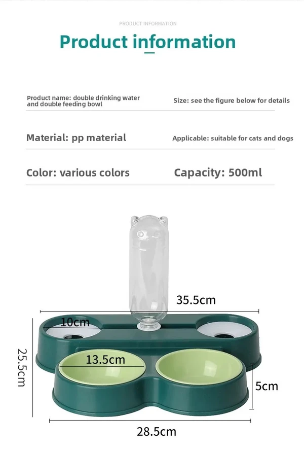 4-in-1 Plastic Pet Food and Water Dispenser – Double Feeding Bowls & Drinking Bowls with Automatic Water Bottle (500ml) for Multi Pets