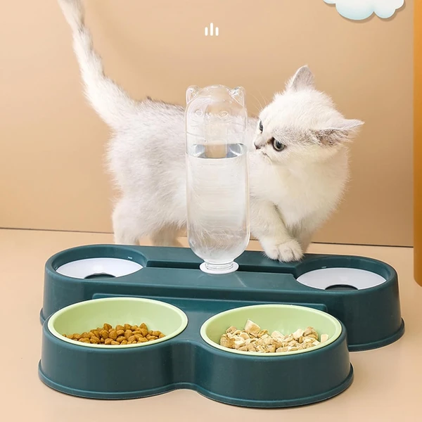 4-in-1 Plastic Pet Food and Water Dispenser – Double Feeding Bowls & Drinking Bowls with Automatic Water Bottle (500ml) for Multi Pets