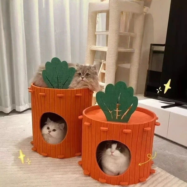Carrot Shaped Foldable Felt Cat House – Scratching Post with Warm Cave Bed for Indoor Cats