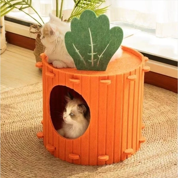 Carrot Shaped Foldable Felt Cat House – Scratching Post with Warm Cave Bed for Indoor Cats