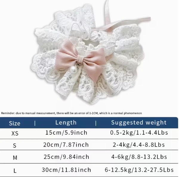 Adjustable Lace Bow Pet Bib Collar with Pearl – Soft Elegant Cat & Small Dog Accessory (Pink, Size S)