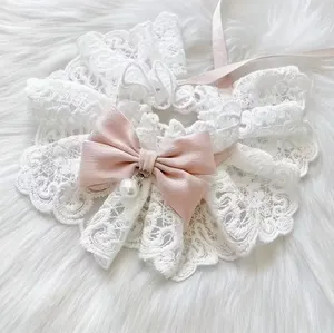 Adjustable Lace Bow Pet Bib Collar with Pearl – Soft Elegant Cat & Small Dog Accessory (Pink, Size S)