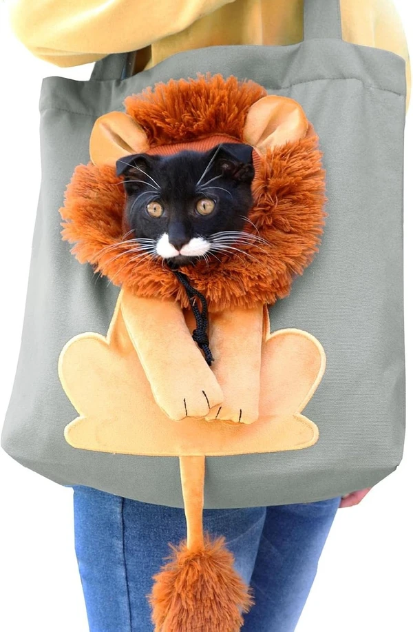 Pet Carrier Fabric Shoulder Bag Plush Lion Face Designed with Head Hole for Small Dogs & Cats