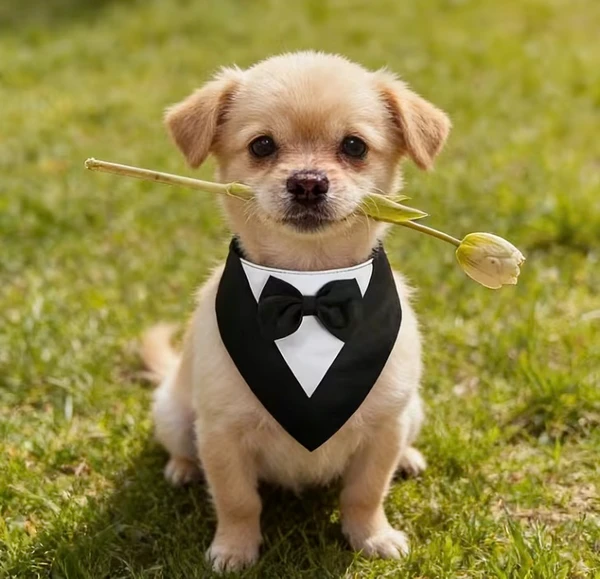 Dog Wedding Tuxedo Bandana with Bow Tie – Adjustable Formal Pet Outfit for Small Dogs (Size XS)