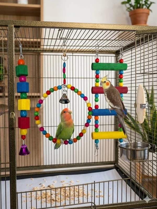 3pcs Natural Wood Bird Toy Set (Swing, Ladder & Chewing Toy) for Conures, Cockatiels, Fischer's & Finches