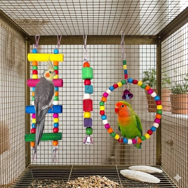 3pcs Natural Wood Bird Toy Set (Swing, Ladder & Chewing Toy) for Conures, Cockatiels, Fischer's & Finches