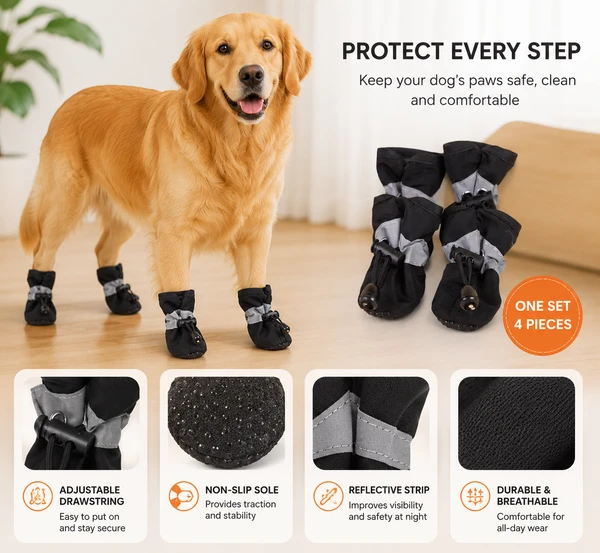 Dog Paw Protection Boots (4-Pack) – Water-Resistant Shoes for Hot Pavement, Rain & Outdoor Walks