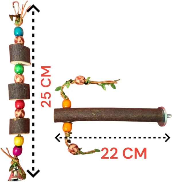 2pcs Natural Wooden Parrot Toy & Perch Set - Hanging Block Toy with Bell (25cm) Height & Natural Wood Branch Perch (22cm) Length for Small & Medium Birds