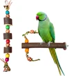 2pcs Natural Wooden Parrot Toy & Perch Set - Hanging Block Toy with Bell (25cm) Height & Natural Wood Branch Perch (22cm) Length for Small & Medium Birds
