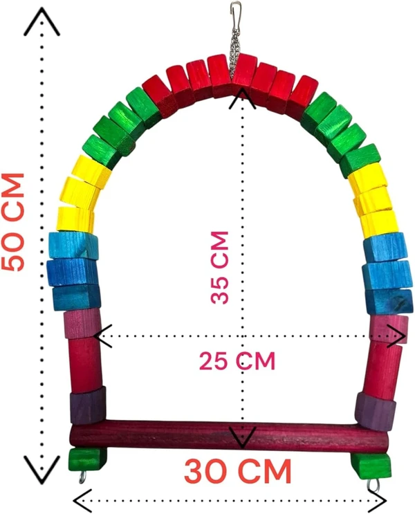 Colorful Wooden Chew Toy, Swing, Hanging Perch for African Grey, Amazon, Cockatoo, Senegal Parrot, Caique, Meyer's Parrot, Indian Ringneck & Eclectus Parrot (Width 30cm - Height 50cm)