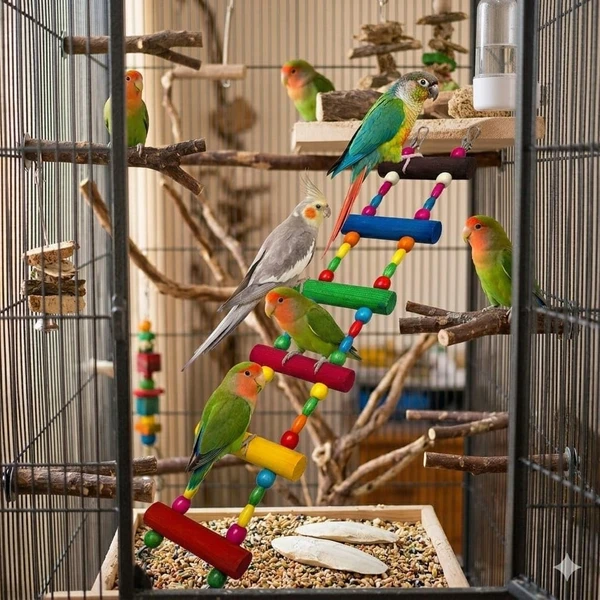 Natural Wood Ladder Toy, Climbing & Chewing Bridge, Safe Hanging for Parrots, Cockatiels, and Parakeets, Birdcage Accessories (6 Steps)