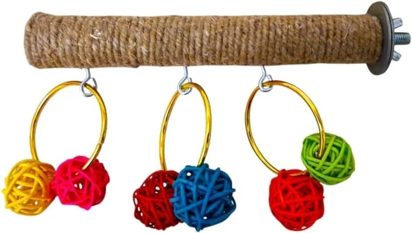 Parrot Chew Play Toy Natural Hemp Perch with Colorful Rattan Balls Hanging (20 cm Long, 2.5 cm Diameter - 10cm H)