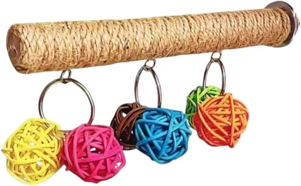 Parrot Chew Play Toy Natural Hemp Perch with Colorful Rattan Balls Hanging (20 cm Long, 2.5 cm Diameter - 10cm H)