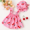 Cherry Print Pet Dress & Matching Sun Hat Set – Pink Plaid Summer Outfit for Small Dogs & Cats (Size XL)
