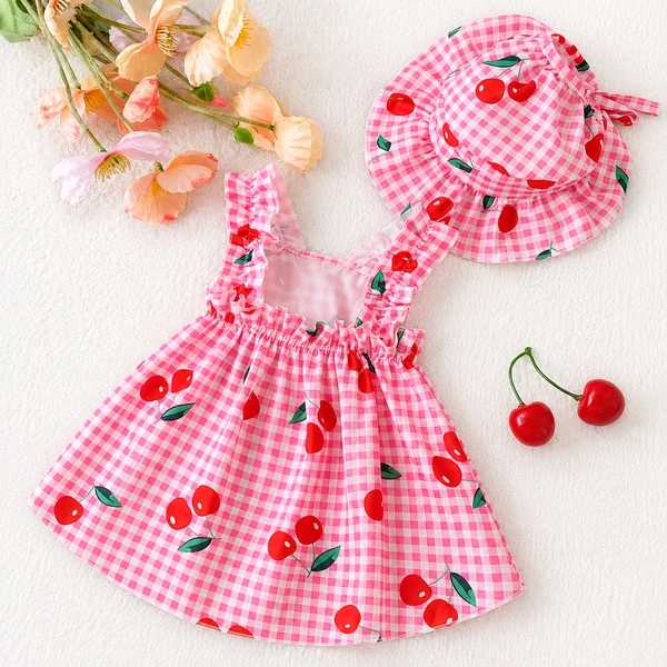 Cherry Print Pet Dress & Matching Sun Hat Set – Pink Plaid Summer Outfit for Small Dogs & Cats (Size XL)